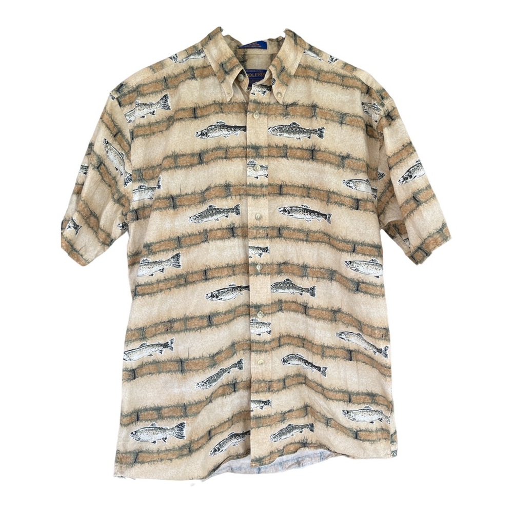 Pendleton Button Up Shirt Mens Size M AOP Trout Fish Print Short Sleeve